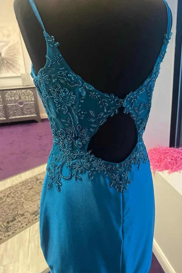 Blue Satin Sheath Homecoming Dress With Appliques, MH636 | Musebridals Blue Satin Sheath Homecoming Dress With Appliques, MH636 | Musebridals