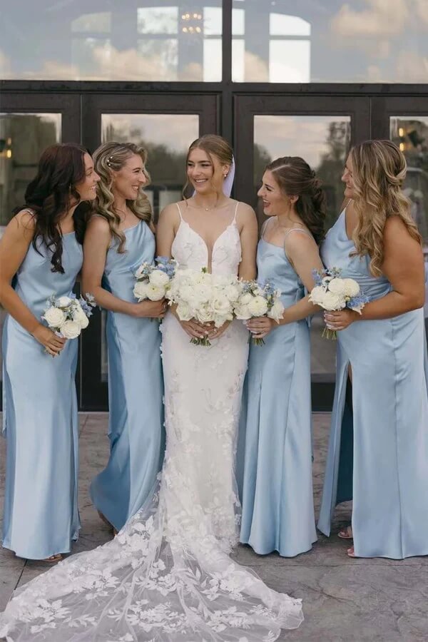 blue dress for baby girl Blue Satin Sheath Spaghetti Straps Long Bridesmaid Dresses With Slit, MBD282
