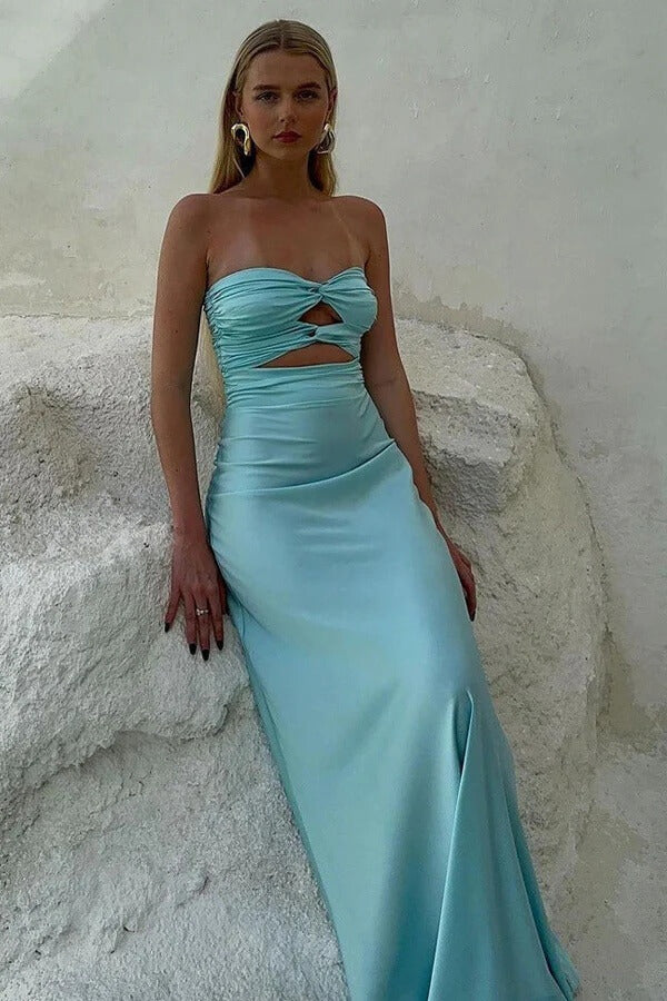 Blue Sheath Strapless Floor Length Prom Dresses, MP1021