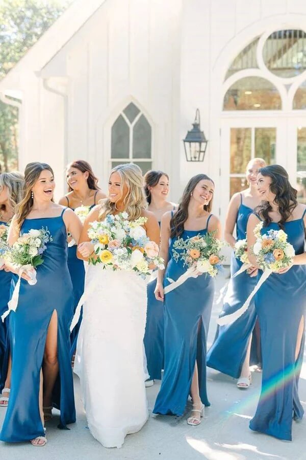 Blue Satin Spaghetti Strap Slit Bridesmaid Dress, MBD284