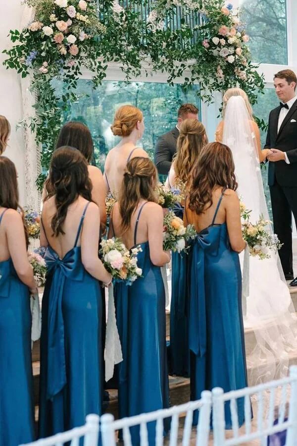 Blue Satin Spaghetti Strap Slit Long Bridesmaid Dresses With Bow, MBD284 Blue Satin Spaghetti Strap Slit Long Bridesmaid Dresses With Bow, MBD284