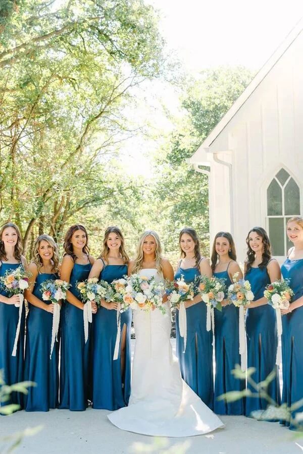 Blue Satin Spaghetti Strap Slit Long Bridesmaid Dresses With Bow, MBD284 Blue Satin Spaghetti Strap Slit Long Bridesmaid Dresses With Bow, MBD284