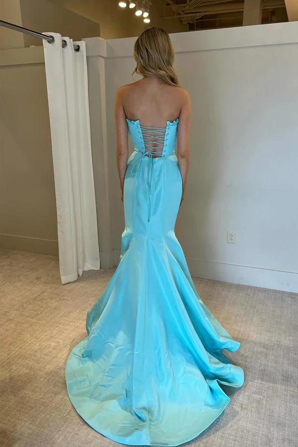open lace back dress Blue Satin Strapless Mermaid Prom Dresses With Slit, Evening Dress, MP1031