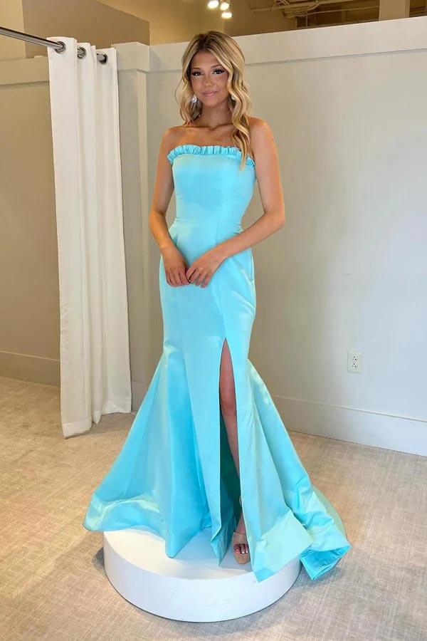 light blue strapless prom dresses Ocean Blue Strapless Sparkle Beads Tulle Princess Prom Party Gowns main image 0