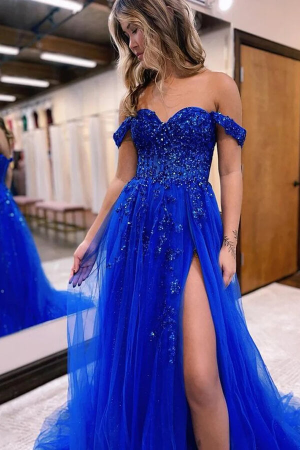 Blue Tulle A-line Off-the-Shoulder Lace Appliques Prom Dress With Slit, MP908 Blue Tulle A-line Off-the-Shoulder Lace Appliques Prom Dress With Slit, MP908