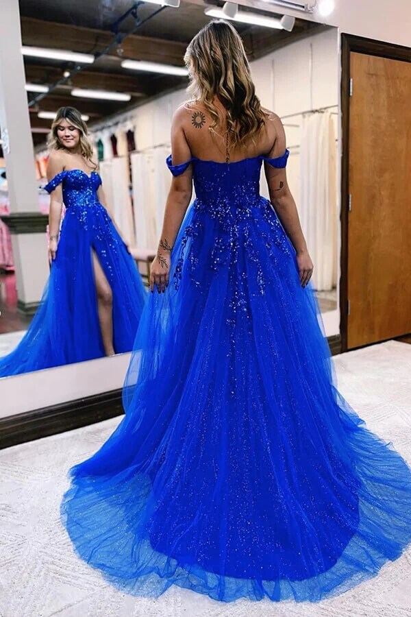 Blue Tulle A-line Off Shoulder Lace Prom Dress, MP908 | Musebridals Blue Tulle A-line Off Shoulder Lace Prom Dress, MP908 | Musebridals