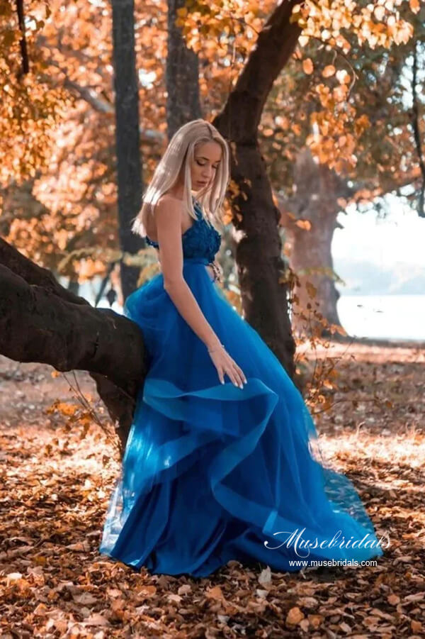 chinese dress ladies Mermaid One Shoulder Royal Blue Lace Long Prom Dresses Custom Color / US0