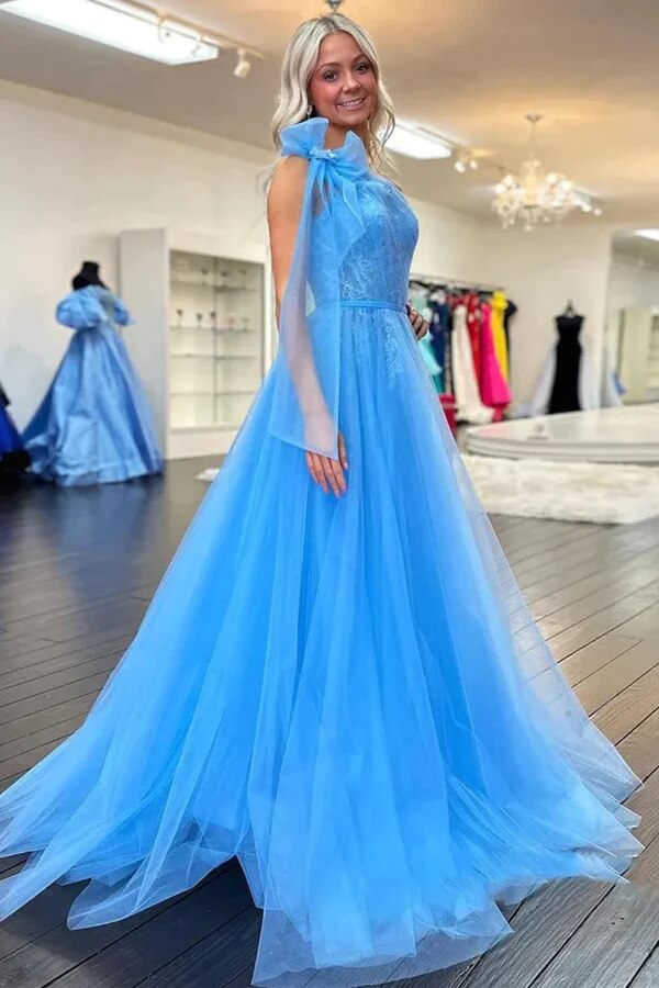 one shoulder light blue prom dress Tulle A-line Lace Appliques Dresses With Slit, MP932 Black Double Slit Dress which is simply gorgeous Color_Royal Blue Color:Moss Green