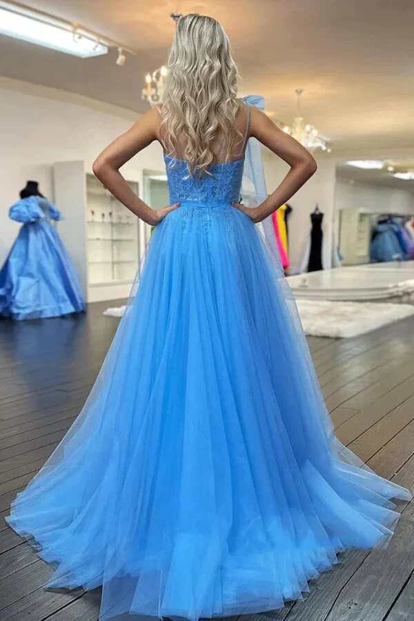 Blue Tulle A-line One Shoulder Lace Appliques Prom Dresses With Slit, MP932 | lace prom dress | party dress | evening gown | musebridals.com