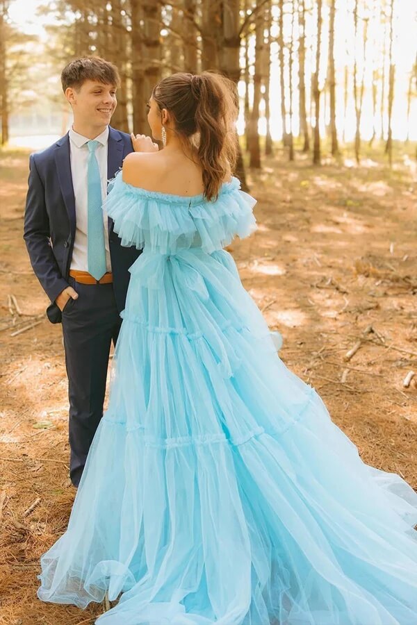 Blue Tulle A-line Ruffles Off Shoulder Long Prom Dresses, Party Dress, MP1002 Blue Tulle A-line Ruffles Off Shoulder Long Prom Dresses, Party Dress, MP1002