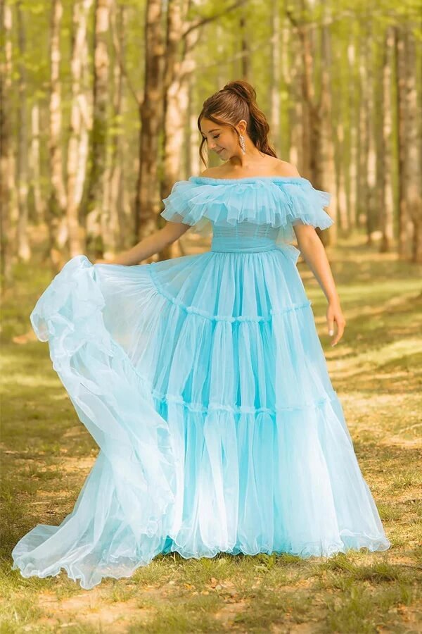 Blue Tulle Ruffles Off Shoulder Long Prom Dress, MP1002 | Musebridals Blue Tulle Ruffles Off Shoulder Long Prom Dress, MP1002 | Musebridals