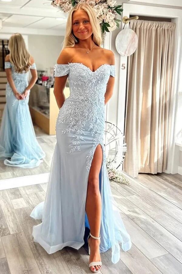Blue Tulle Mermaid Off Shoulder Lace Prom Dress, MP1010 | Musebridals