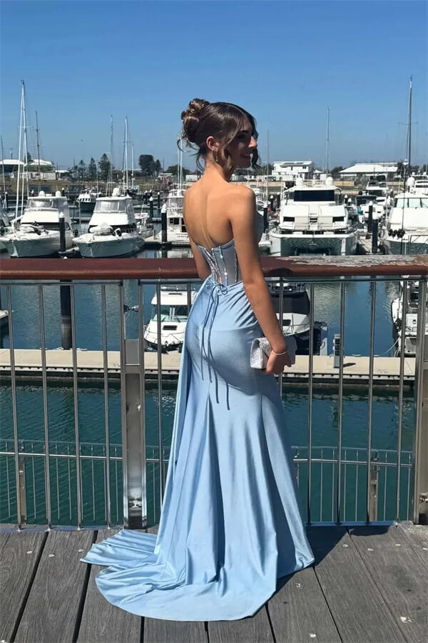 Blue Satin Mermaid Strapless Prom Dresses, MP1120 Blue Satin Mermaid Strapless Prom Dresses, MP1120
