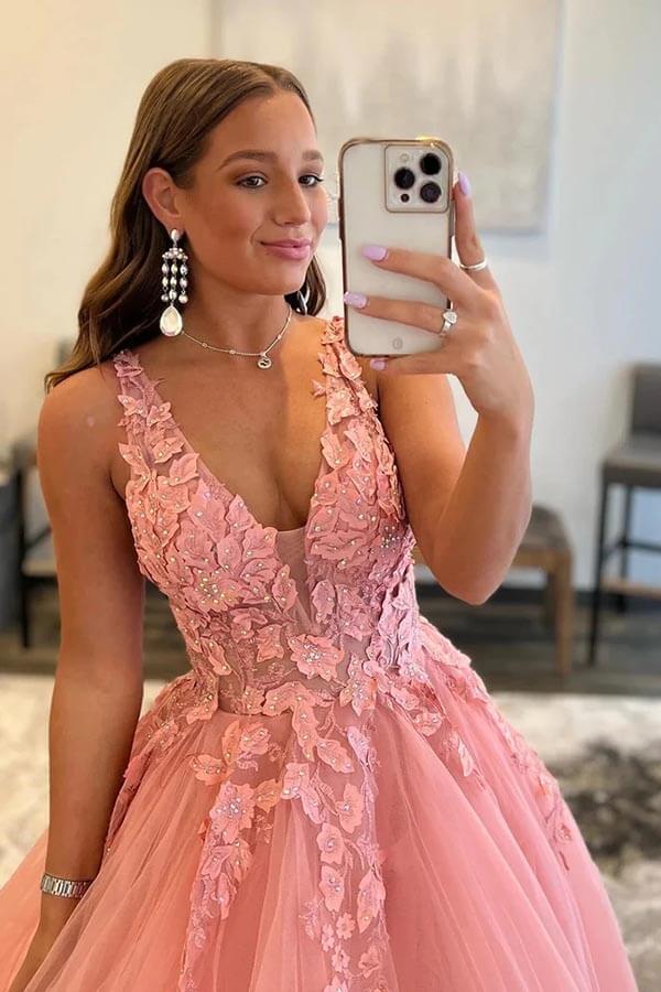 Blush A-line V-neck Princess Prom Dresses With Appliques, Evening Dress, MP861 Blush A-line V-neck Princess Prom Dresses With Appliques, Evening Dress, MP861