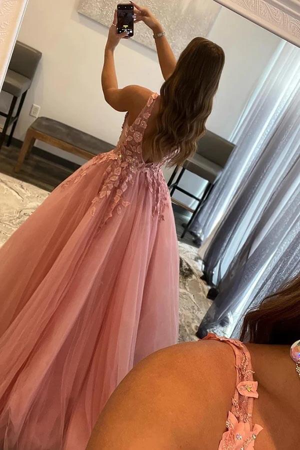 Blush A-line V-neck Prom Dresses With Appliques, MP861 | Musebridals Blush A-line V-neck Prom Dresses With Appliques, MP861 | Musebridals