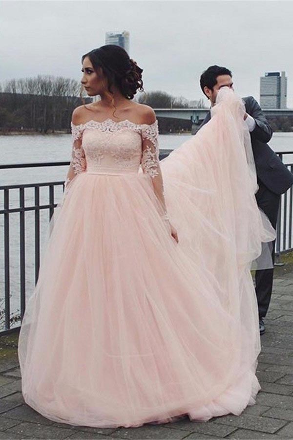 Blush Pink A-line Off Shoulder Long Sleeves Wedding Dress, Bridal Gown, MW959 Blush Pink A-line Off Shoulder Long Sleeves Wedding Dress, Bridal Gown, MW959