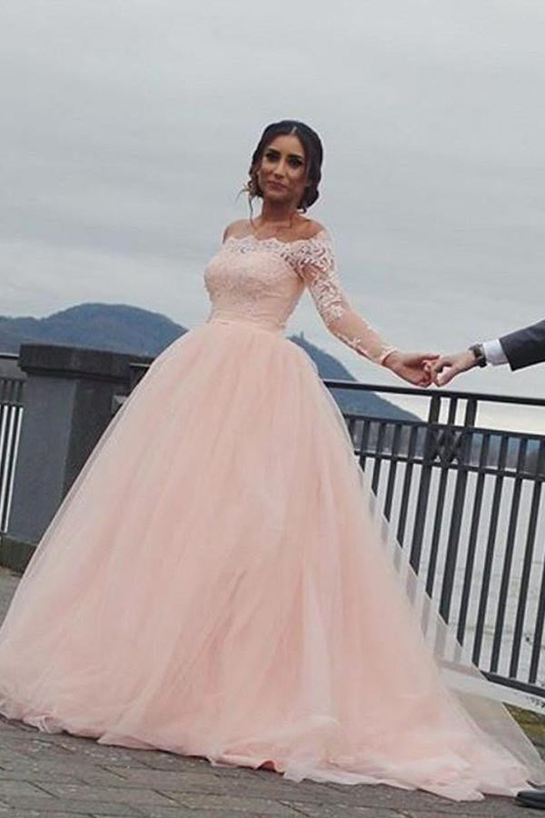 Blush Pink Off Shoulder Long Sleeves Wedding Dress MW959 Musebridals