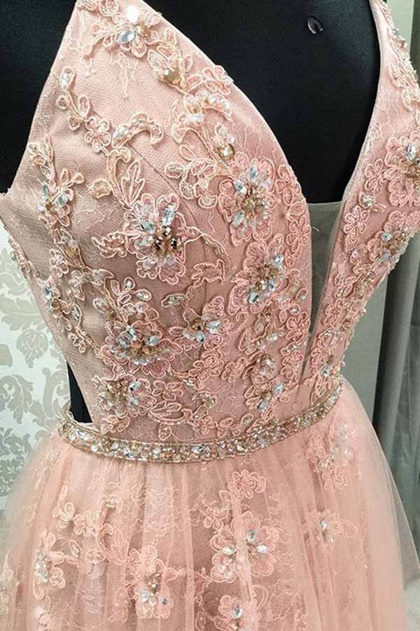 slim fit dress slacks Pink v neck tulle beads long prom dress pink evening dress – shdress main image 0