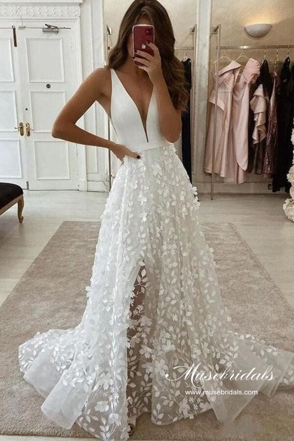 Boho Satin A-line V-neck 3D Flowers Wedding Dresses With High Slit, MW961 Boho Satin A-line V-neck 3D Flowers Wedding Dresses With High Slit, MW961