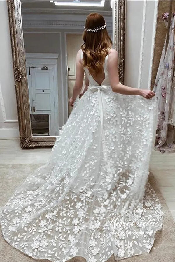 Boho Satin A-line V-neck 3D Flowers Wedding Dresses With High Slit, MW961 Boho Satin A-line V-neck 3D Flowers Wedding Dresses With High Slit, MW961