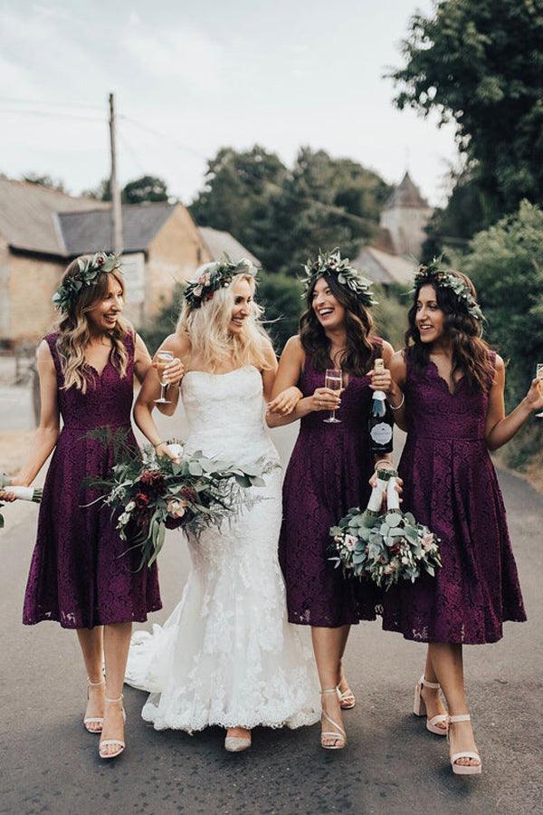 Burgundy Lace A-line Short Bridesmaid Dresses, MBD201 Musebridals