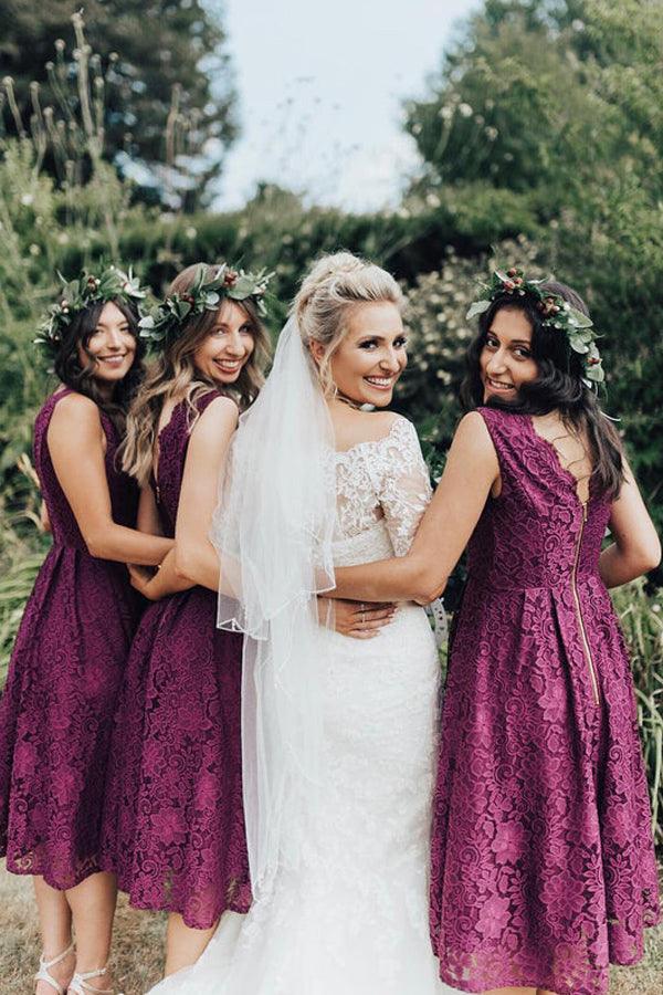Burgundy Lace A-line V-neckline Tea Length Short Bridesmaid Dresses, MBD201 Burgundy Lace A-line V-neckline Tea Length Short Bridesmaid Dresses, MBD201