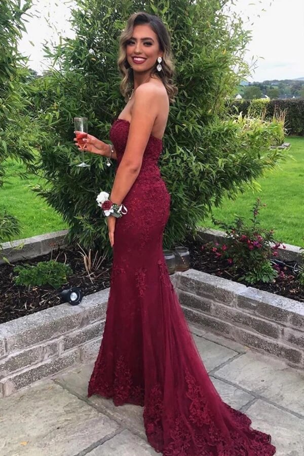 Burgundy Lace Sweetheart Neck Prom Dresses MP834