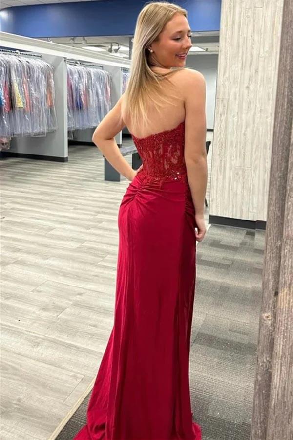 Burgundy Mermaid Strapless Sweetheart Lace Appliques Prom Dresses, MP952 | new arrival prom dress | evening dress | lace prom dress | musebridals.com
