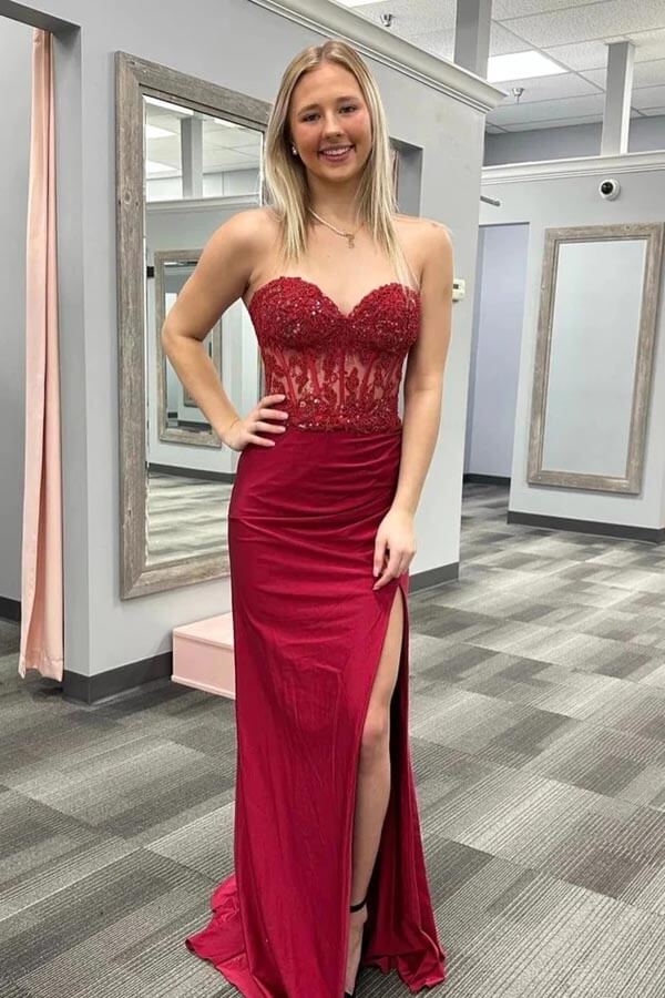 Burgundy Mermaid Strapless Sweetheart Lace Appliques Prom Dresses, MP952 | cheap prom dress | long prom dress | evening gown | musebridals.com