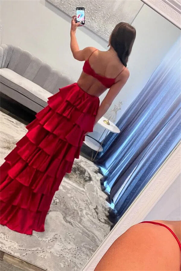 Burgundy Satin Layered V-Neck Spaghetti Straps Prom Dresses With Slit, MP1039 | prom dresses online | prom dress near me | prom dress for girls | musebridals.com