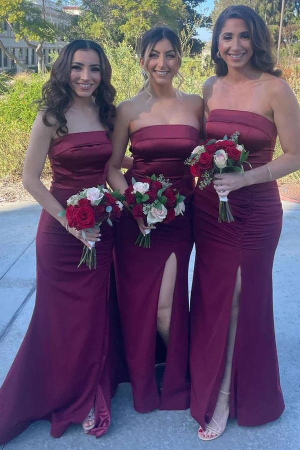 Burgundy Mermaid Bridesmaid Dresses With Slit MBD254 | Musebridals.com Burgundy Mermaid Bridesmaid Dresses With Slit MBD254 | Musebridals.com