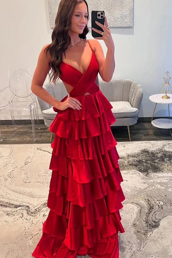 Burgundy Satin Layered V-Neck Spaghetti Straps Prom Dresses With Slit, MP1039 Burgundy Satin Layered V-Neck Spaghetti Straps Prom Dresses With Slit, MP1039