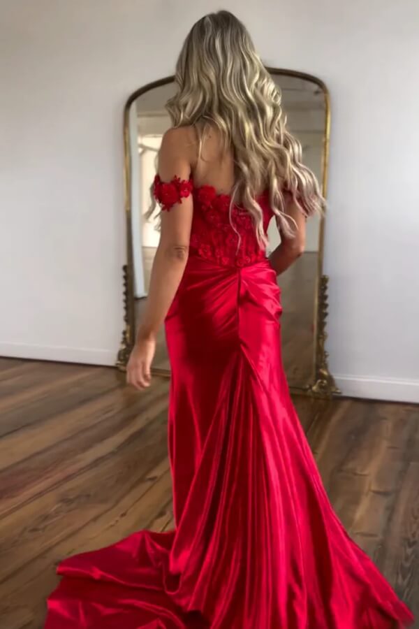prom dress shopping near me Red Mermaid Off-the-Shoulder Lace Prom Dress, MP1133