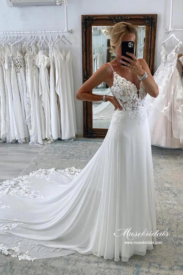 Chiffon A-line Spaghetti Straps Lace Appliques Court Train Wedding Dress, MW893 Chiffon A-line Spaghetti Straps Lace Appliques Court Train Wedding Dress, MW893