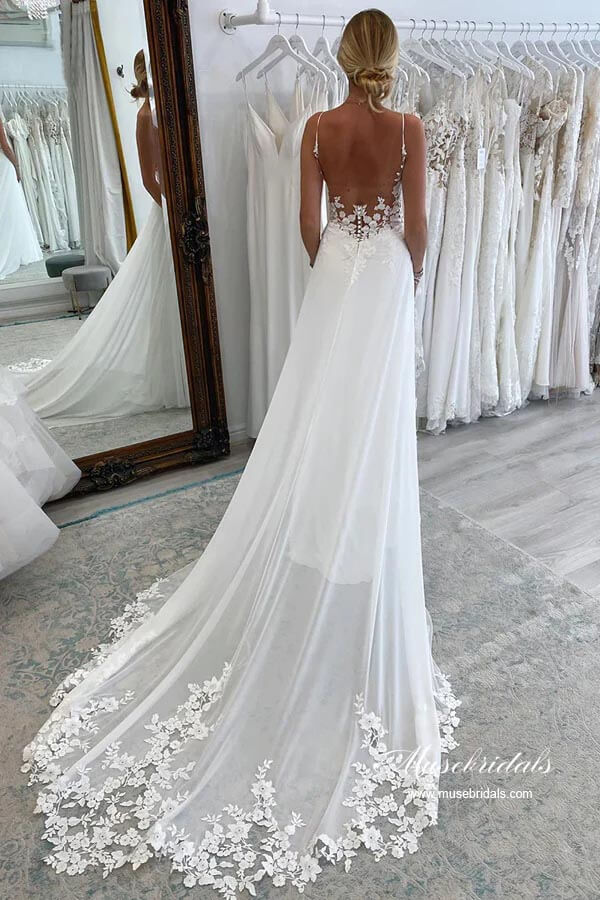 Chiffon A-line Spaghetti Straps Lace Appliques Court Train Wedding Dress, MW893 Chiffon A-line Spaghetti Straps Lace Appliques Court Train Wedding Dress, MW893