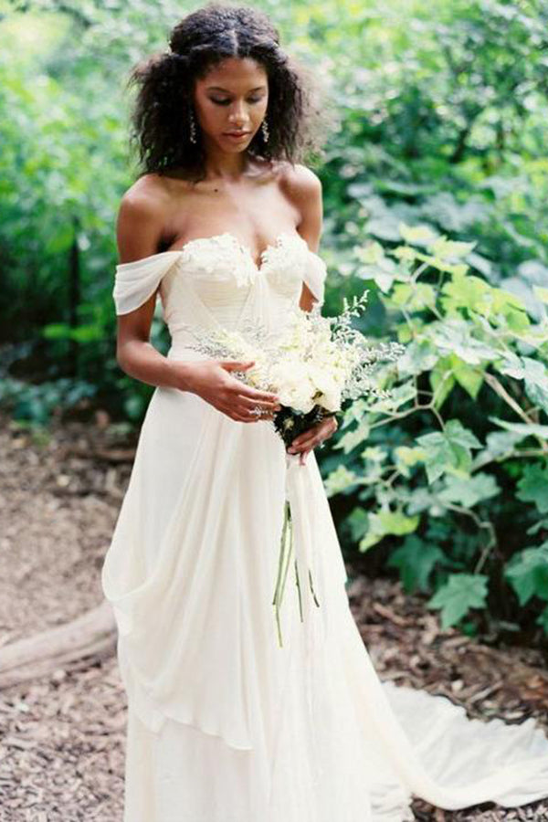 off the shoulder country wedding dress Chiffon A Line Off Shoulder Wedding Dresses, MW1158