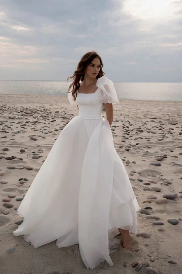 Chiffon A Line Short Sleeves Beach Wedding Dress, MW1140 | Musebridals Chiffon A Line Short Sleeves Beach Wedding Dress, MW1140 | Musebridals