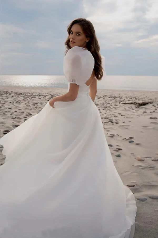 Chiffon A Line Short Sleeves Beach Wedding Dress, MW1140 | Musebridals Chiffon A Line Short Sleeves Beach Wedding Dress, MW1140 | Musebridals
