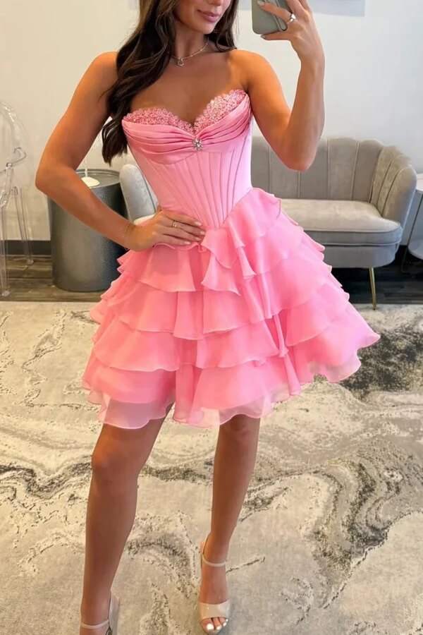 Chiffon A Line Strapless Corset Short Homecoming Dresses With Appliques, MH683 | pink homecoming dress | school event dress | sweet 16 dresses | musebridals.com