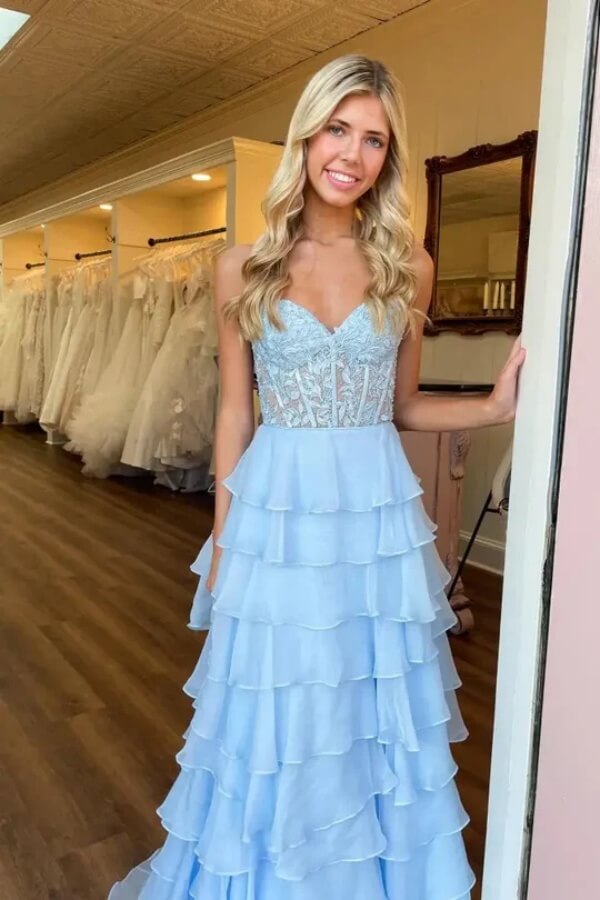 Chiffon Lace Appliques Tiered A Line Prom Dress, MP1026