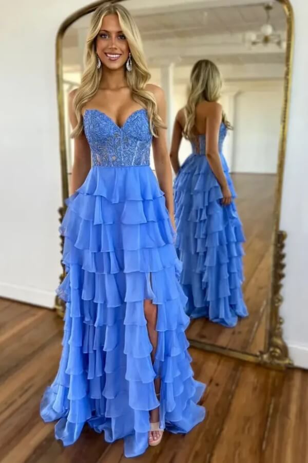 Chiffon Lace Appliques Tiered A Line Prom Dress, MP1026 | Musebridals Chiffon Lace Appliques Tiered A Line Prom Dress, MP1026 | Musebridals
