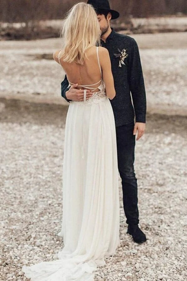 Chiffon Sheath Backless Lace Beach Wedding Dress, MW1111 | Musebridals