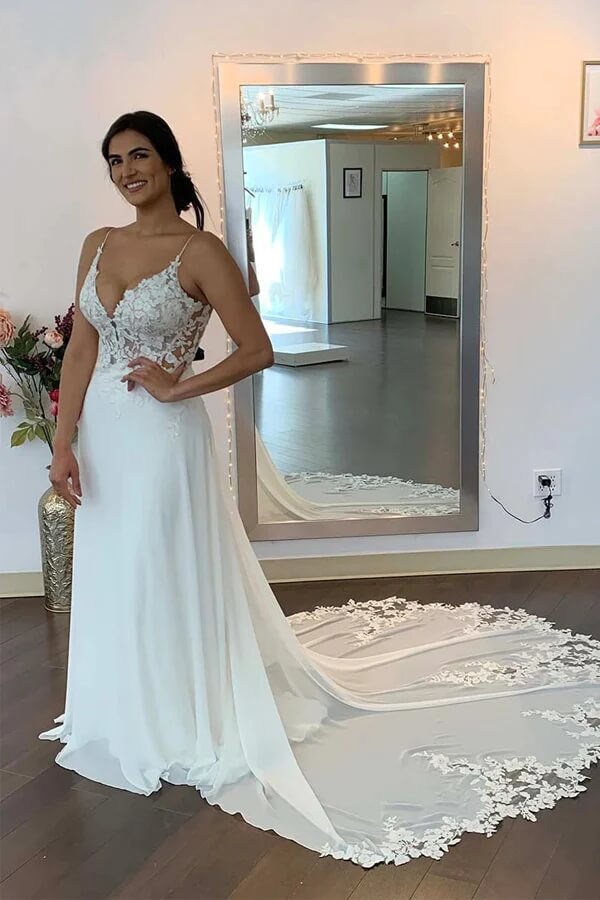 Chiffon Spaghetti Straps Lace Wedding Dresses, MW913 | Musebridals Chiffon Spaghetti Straps Lace Wedding Dresses, MW913 | Musebridals
