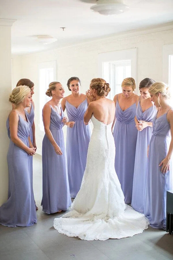 Classic Lilac Chiffon A-line V-neck Floor Length Bridesmaid Dresses, MBD202
