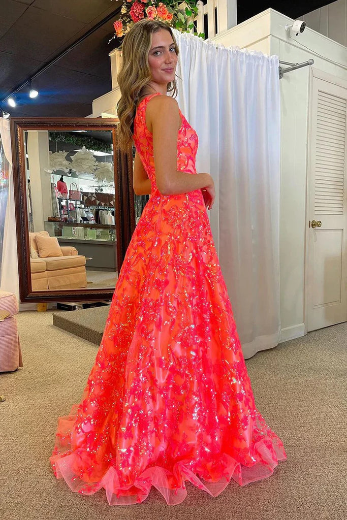 Coral Sequins Lace A Line One Shoulder Prom Dresses, Party Dresses, MP1040 | senior prom dress | long formal dress | prom dress shops | musebridals.com