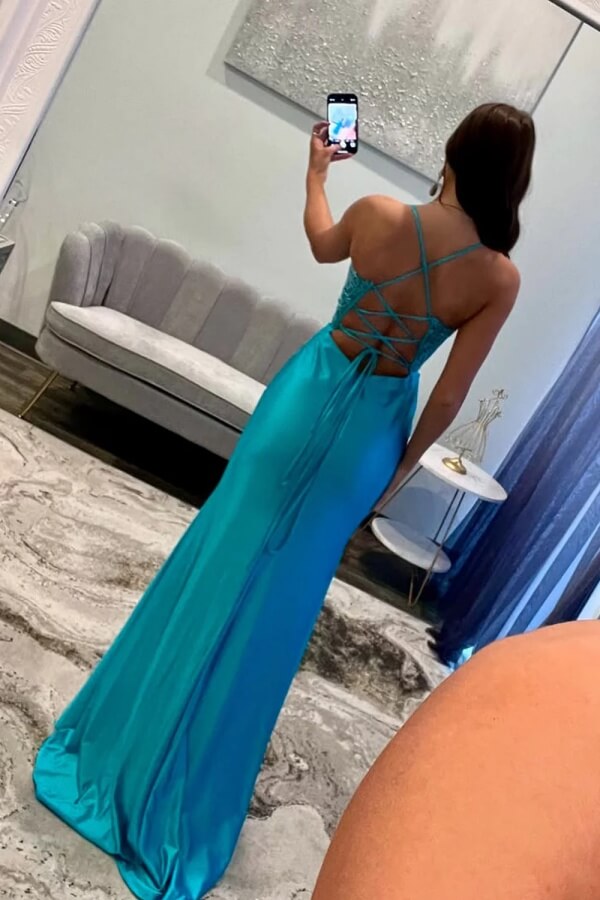 open lace back dress Blue Satin Mermaid Prom Dresses With Appliques, MP1028