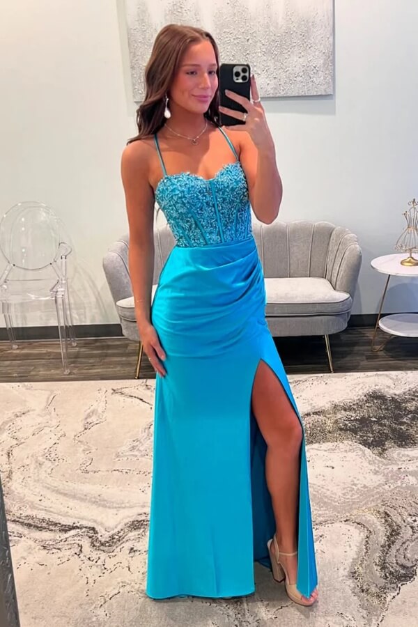 Cute Blue Satin Mermaid Spaghetti Straps Prom Dresses With Appliques, MP1028
