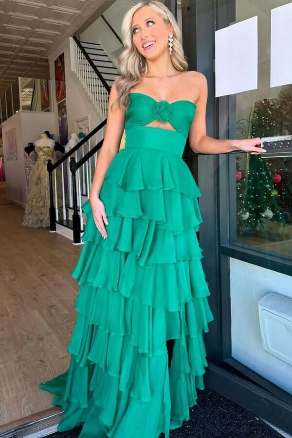 open lace back dress Cute Green Tiered Chiffon A Line Strapless Sweetheart Prom Dresses, MP1012