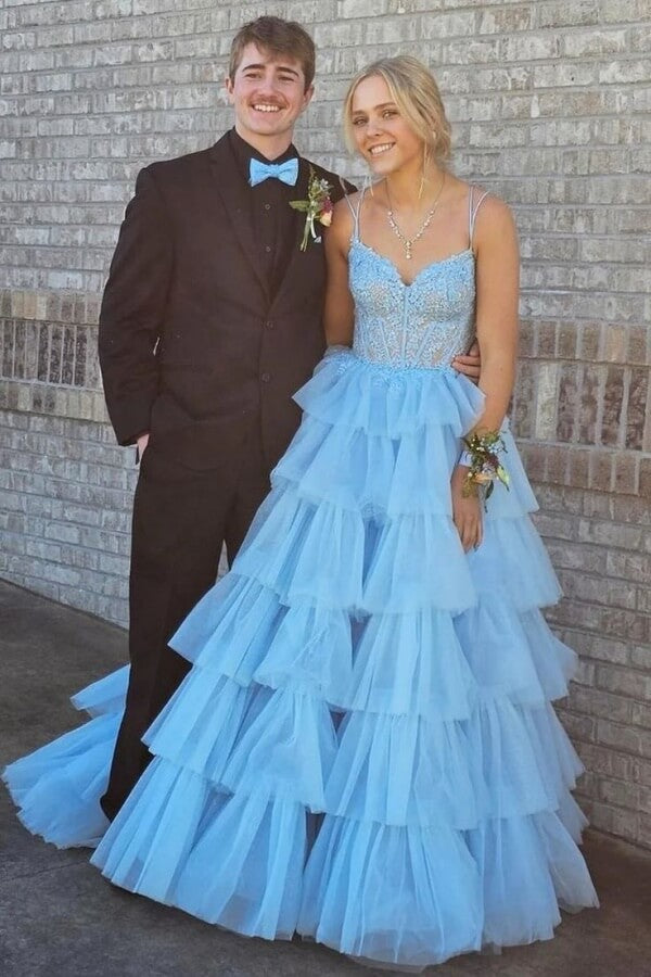 Lavender Tulle A Line V Neck Lace Prom Dresses, MP1090