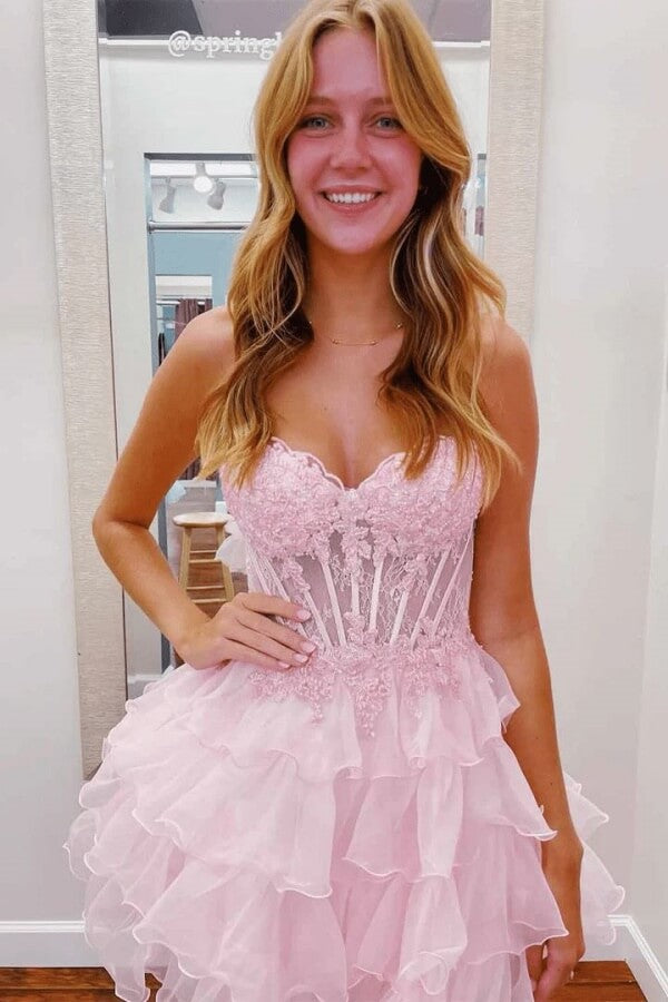 Cute Organza A Line Sweetheart Short Homecoming Dresses With Lace, MH672 | pink homecoming dress | lace homecoming dress | homecoming dress online | musebridals.com